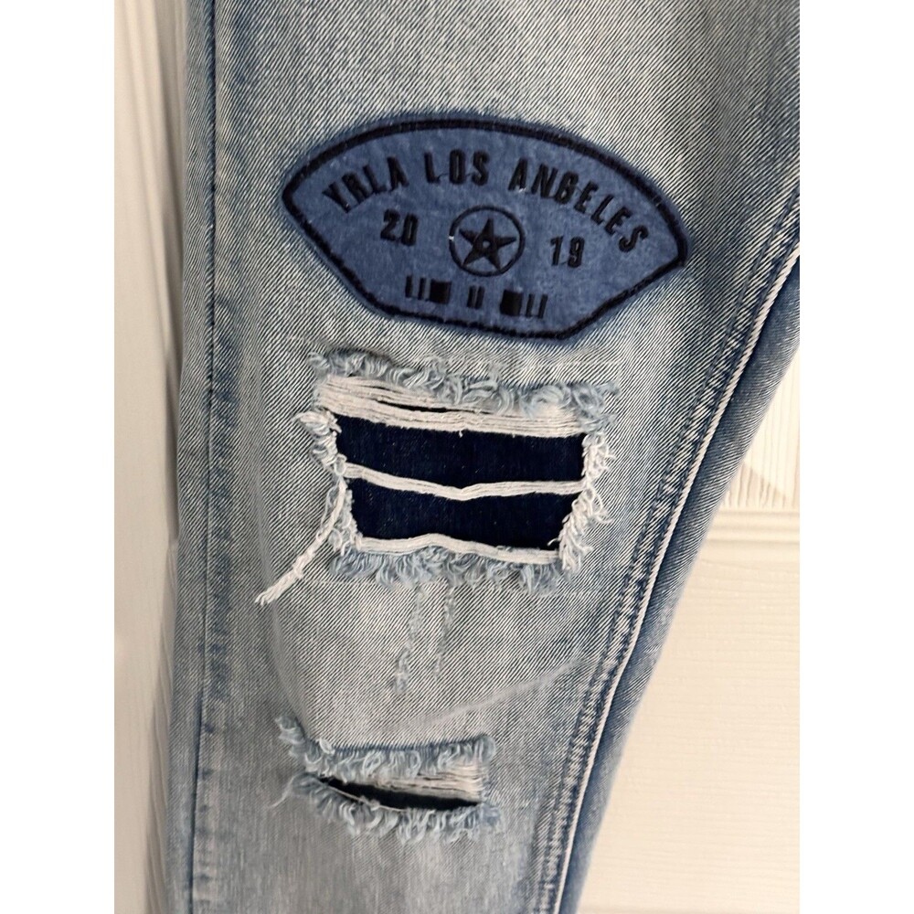 Young &‎ Reckless 33 Distressed Patch Jeans LA Streetwear Ankle Zip Y2K - Picture 6 of 9
